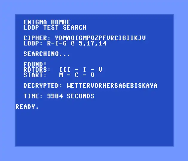 Enigma Bombe loop test search running on a C64, finding rotors III-I-V at M-C-Q in 9904 seconds