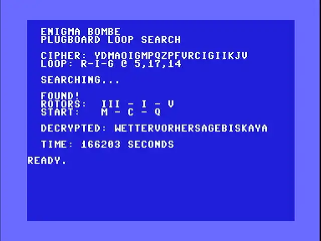 Enigma Bombe plugboard loop search running on a C64, finding rotors III-I-V at M-C-Q in 14188 seconds