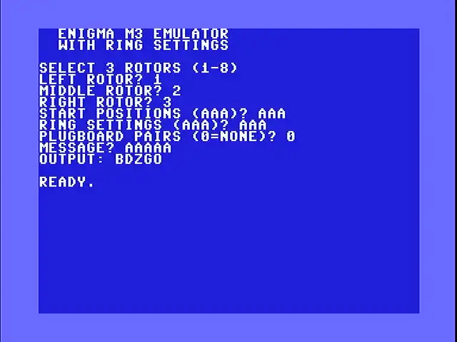Enigma ring settings running in BASIC on a C64