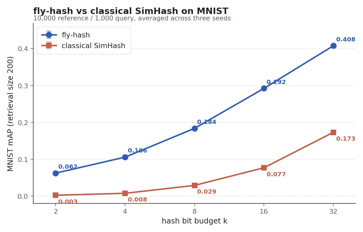 fly-hash beats classical SimHash at every hash-bit budget. The gap is largest when you have only a few bits to spend. Averaged over three random seeds.