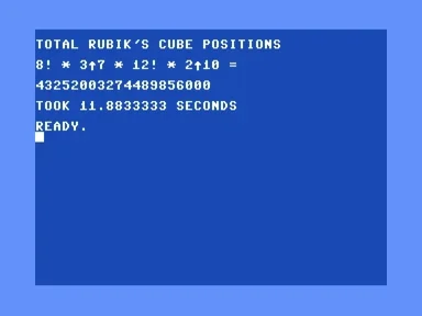 Commodore 64 screen showing the title, the formula 8! * 3^7 * 12! * 2^10 =, the 20-digit answer 43252003274489856000, and a TOOK 11.8833333 SECONDS line.