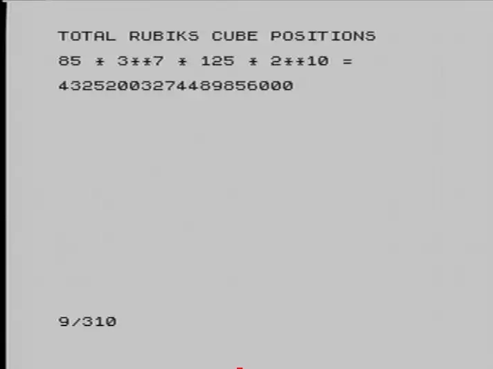 A Timex Sinclair 1000 screen showing the title TOTAL RUBIKS CUBE POSITIONS, a formula starting 85 * 3**7 * 125 * 2**10, and the 20-digit answer 43252003274489856000.
