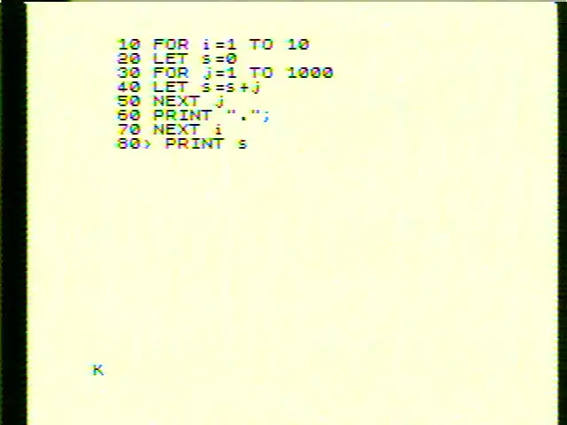 First boot after the swap. A trivial FOR loop typed in to confirm BASIC was alive. The K cursor at the bottom-left is Sinclair BASIC&rsquo;s keyword-entry mode. The yellow tinge is the composite output, which I&rsquo;ll get to in a minute.