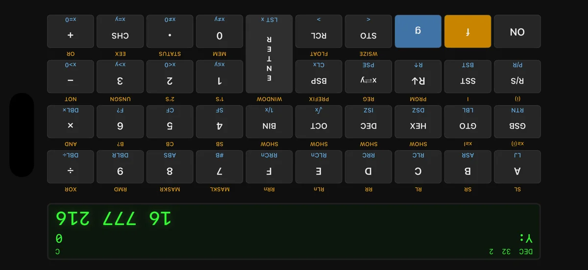 RPN-16C calculator in hex mode